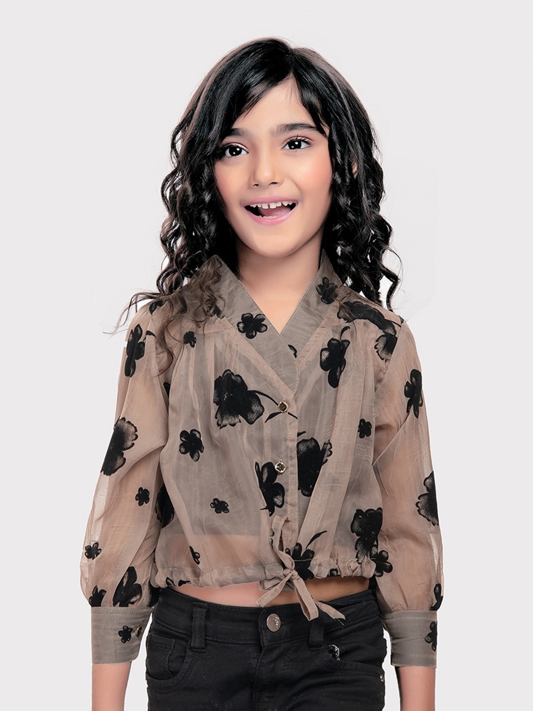 

Tiny Kingdom Girls Floral Printed V-Neck Waist Tie-Ups Shirt Style Crop Top With Inner, Brown