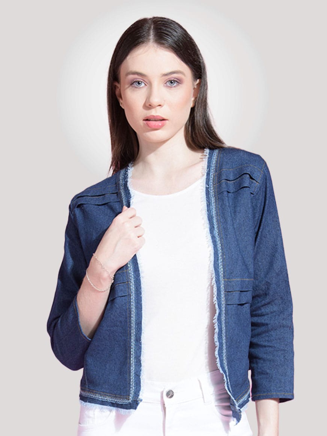

urSense Open Front Lace Inserted Cotton Crop Shrug, Blue