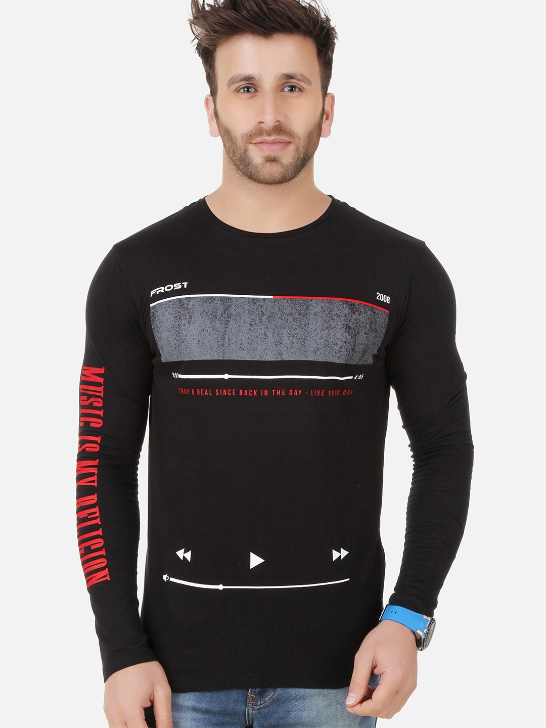 

GESPO Typography Printed Long Sleeves Cotton T-shirt, Black
