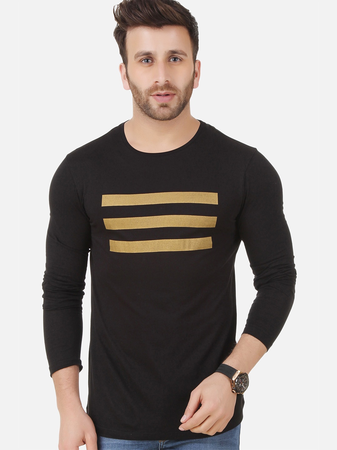 

GESPO Geometric Printed Long Sleeves Cotton T-shirt, Black