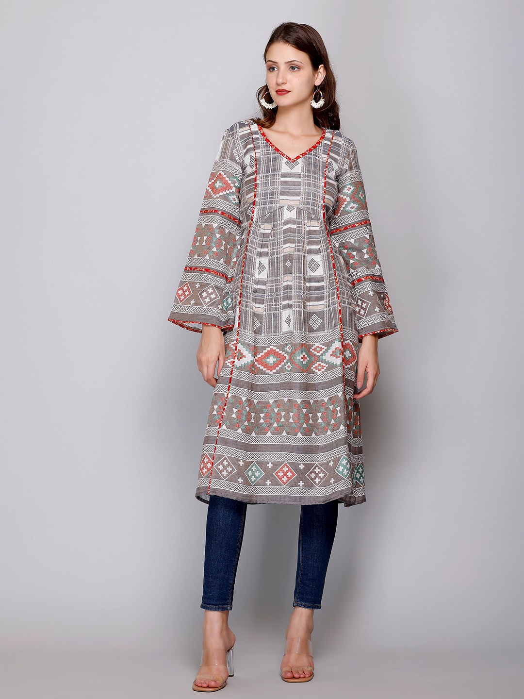 

EVAZ Geometric Printed Flared Sleeves Woollen A-Line Kurti, Grey
