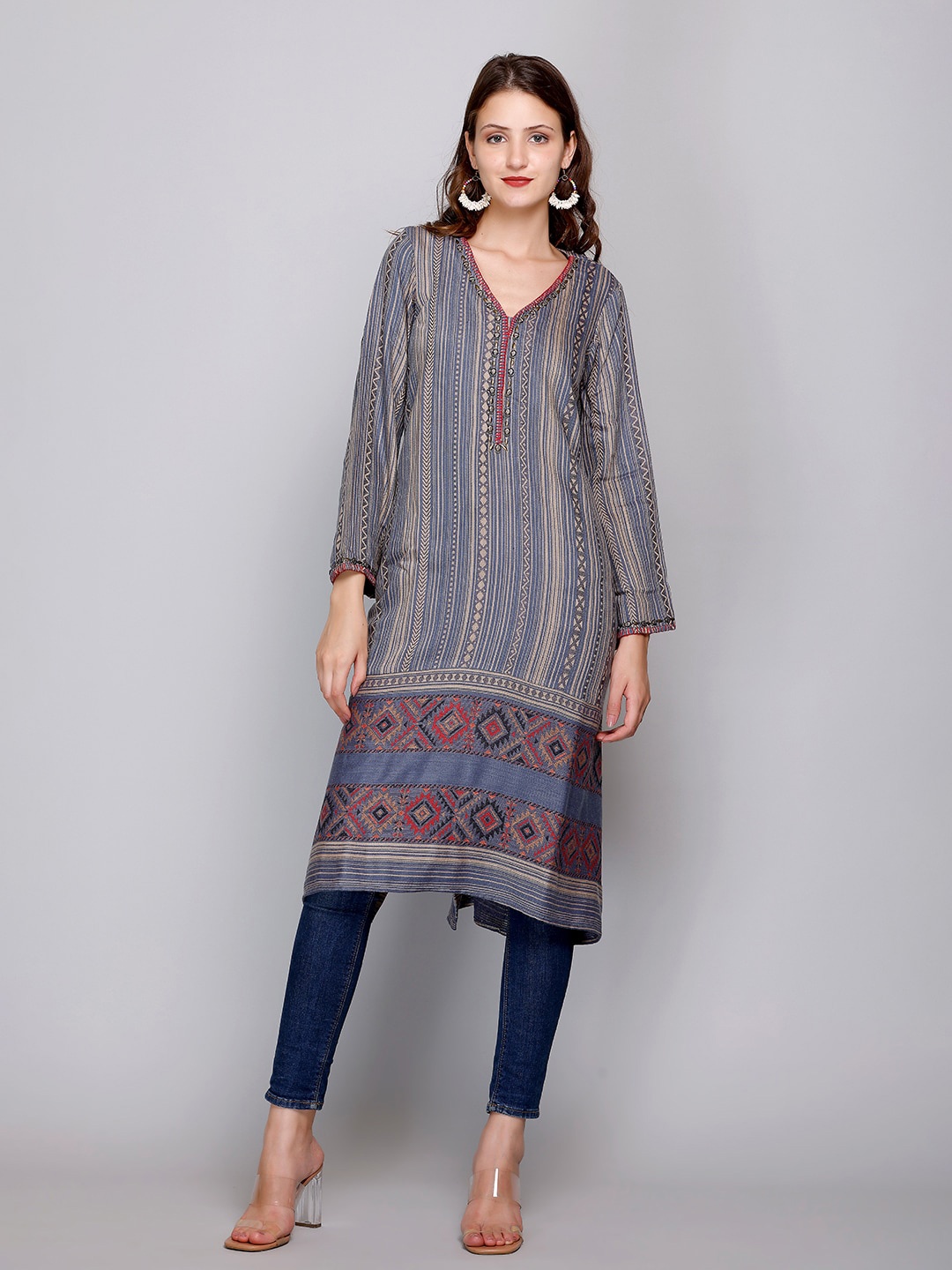 

EVAZ Woven Design Woollen A-Line Kurta, Grey