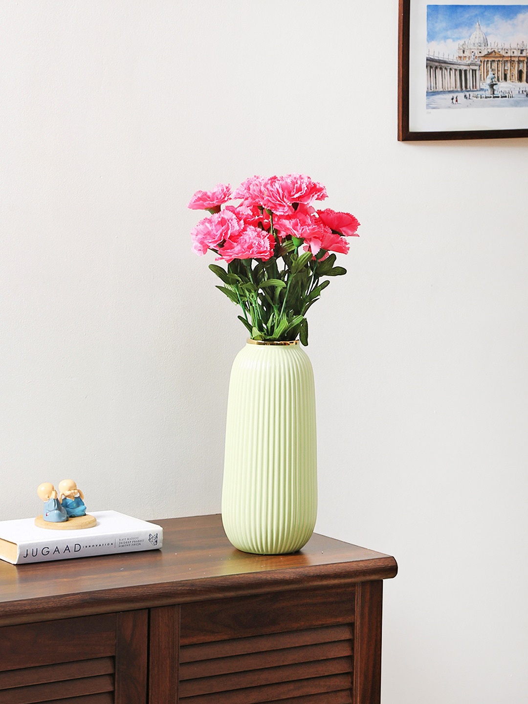 

Fourwalls Pink & Green Carnation Artificial Flower Bunch