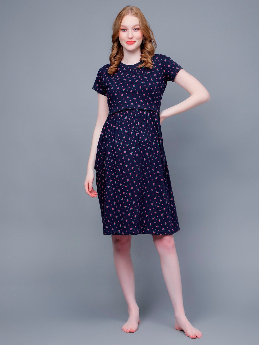 

True Shape Floral Printed Cotton Maternity Sheath Dresses, Navy blue