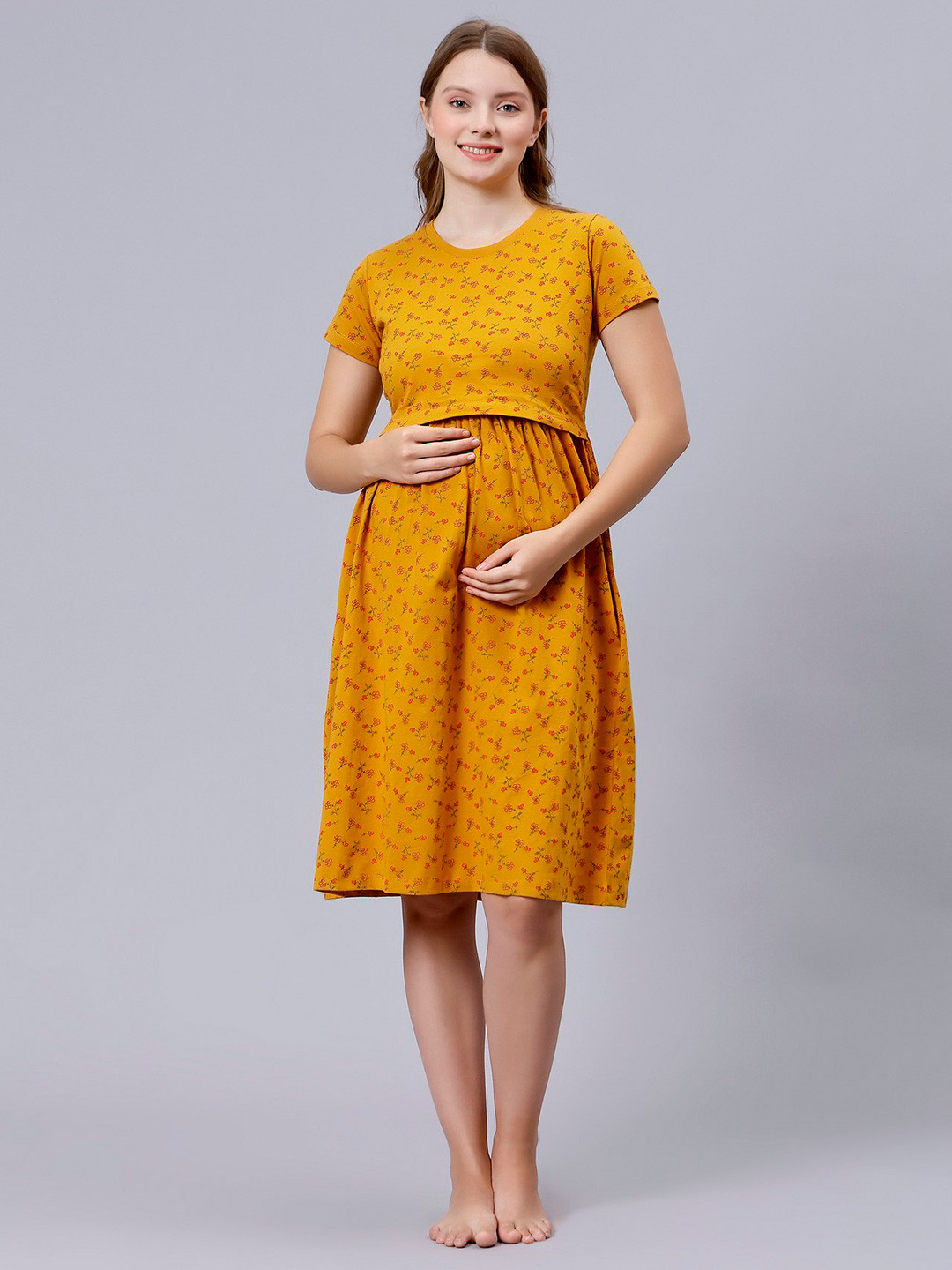 

True Shape Floral Printed Cotton Maternity Sheath Dresses, Mustard
