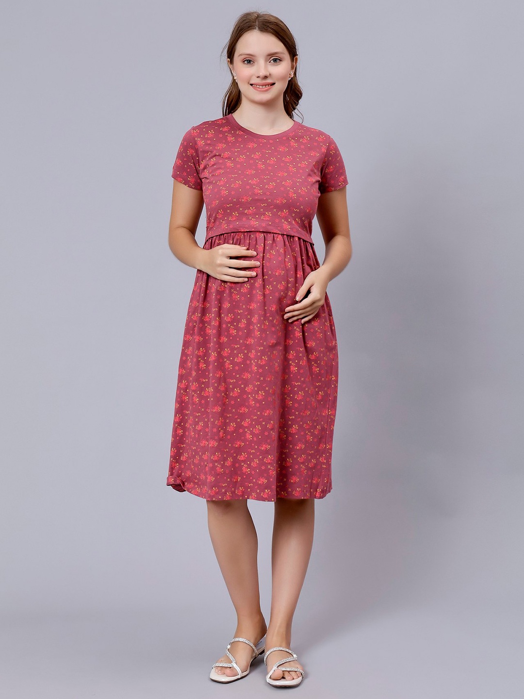 

True Shape Floral Printed Cotton Maternity A-line Dress, Magenta
