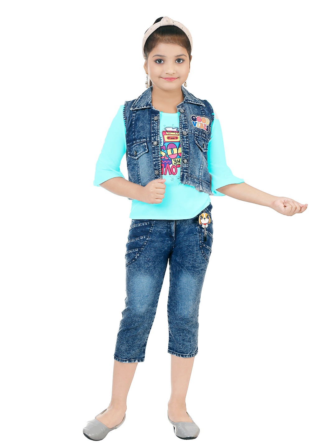 

BAESD Girls Printed T-shirt With Capris Clothing Set, Blue