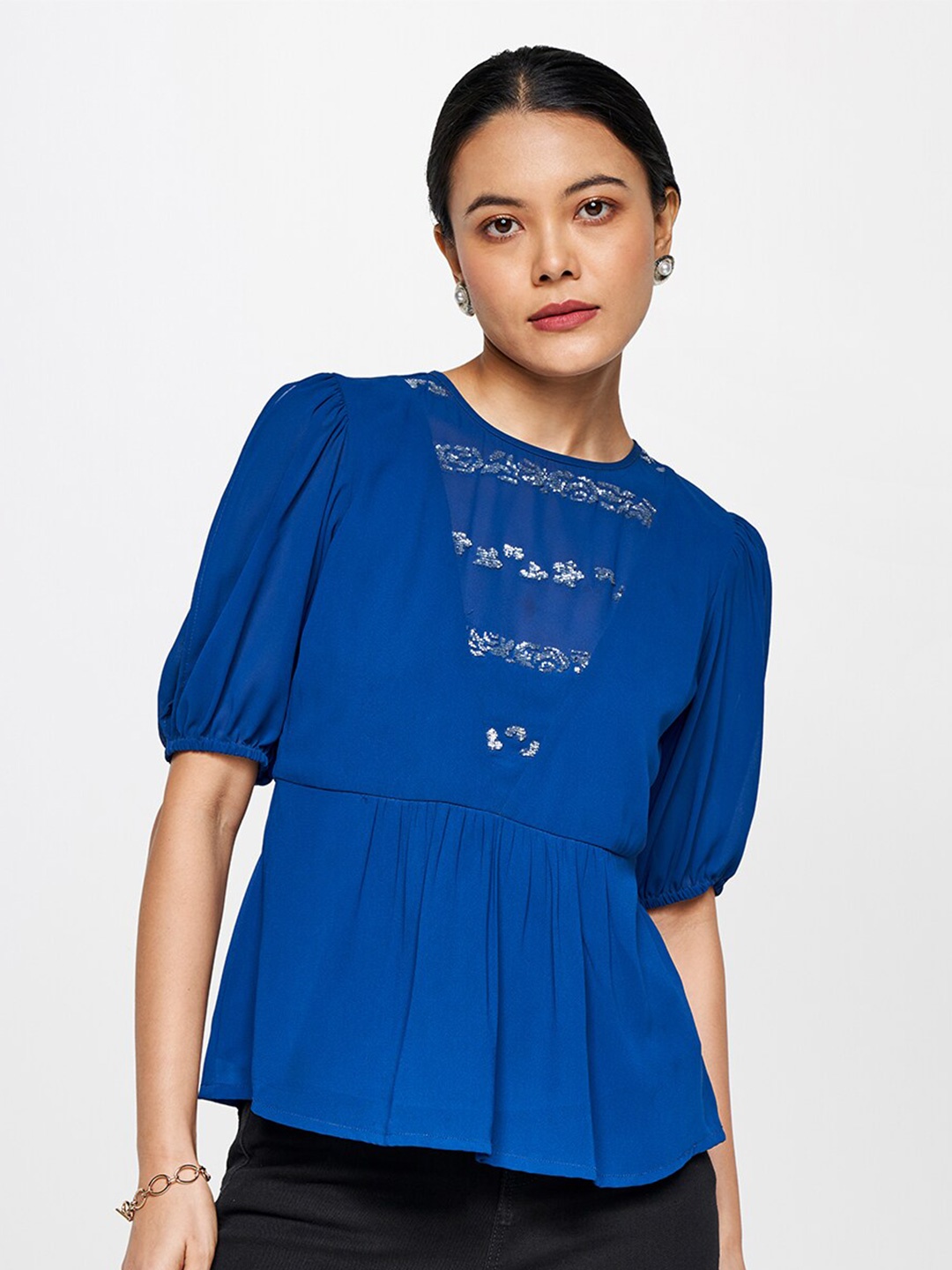 

AND Embellished Puffed Sleeves Top, Blue