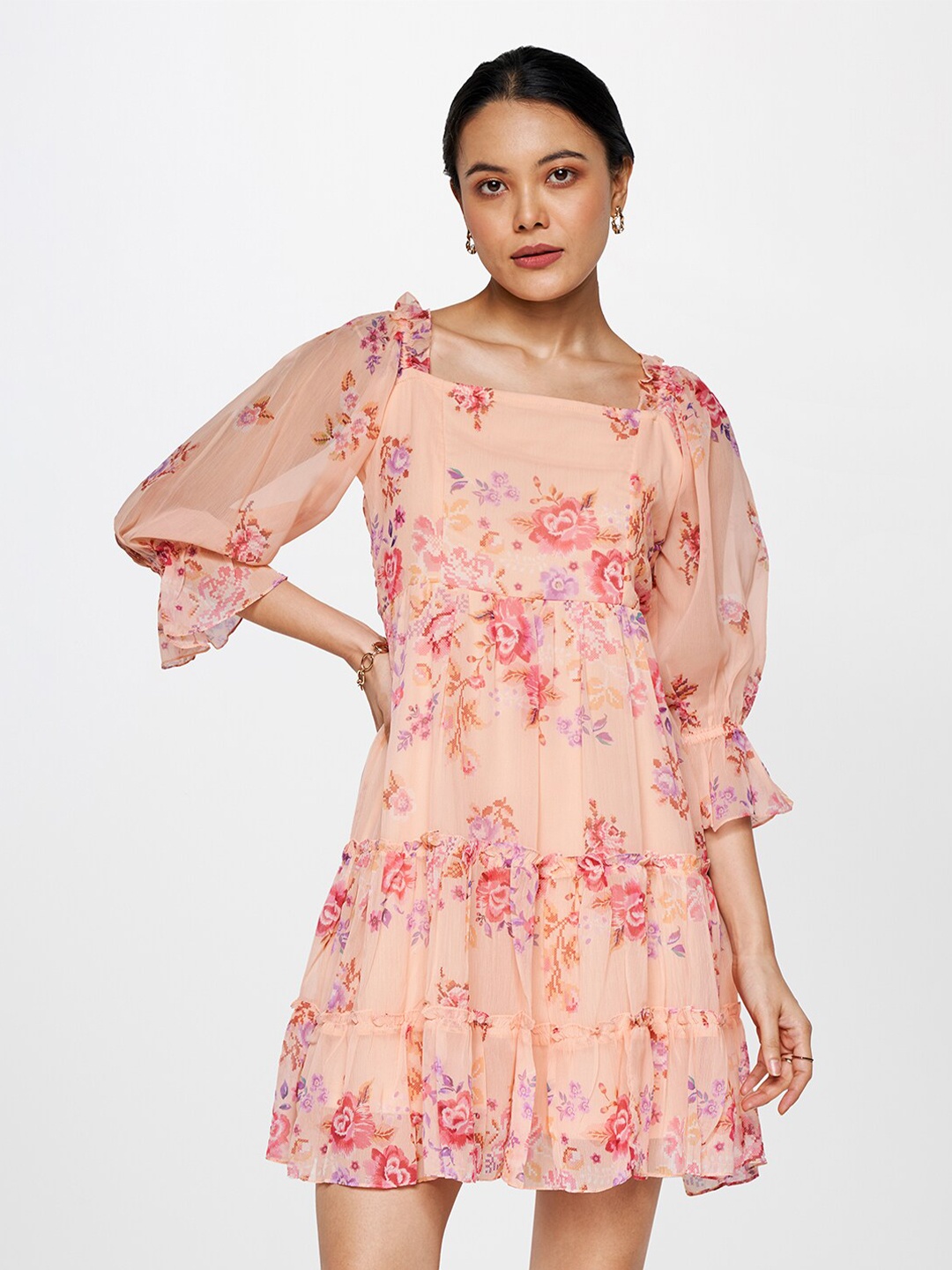

AND Floral Printed Square Neck Puff Sleeves Gathered Detailed A-Line Above Knee Dress, Peach