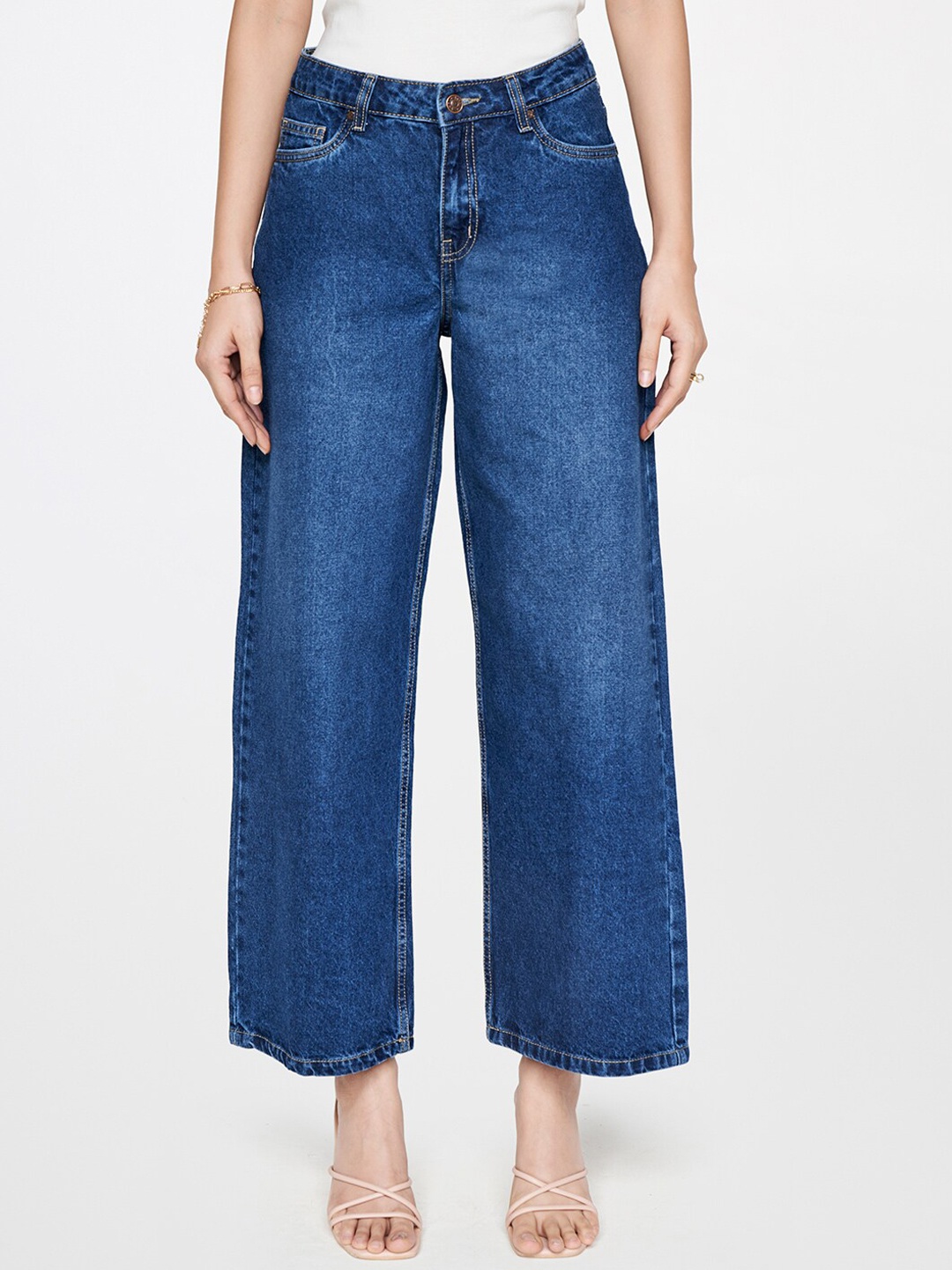 

AND Women Mid-Rise Wide Leg Cotton Jeans, Blue