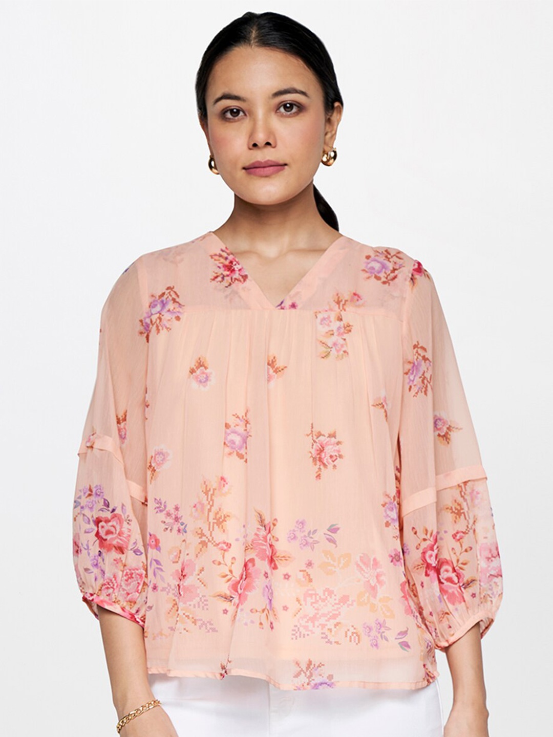 

AND Floral Printed Puffed Sleeves A-Line Top, Peach