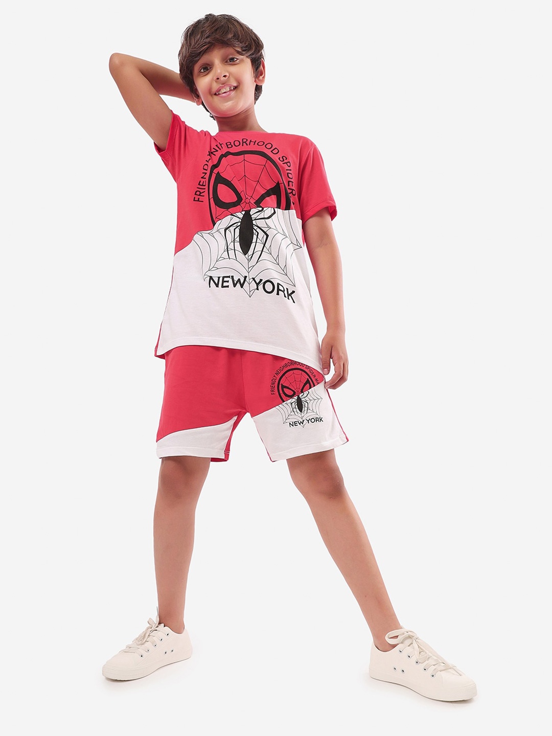 

BONKIDS Boys Spiderman Printed Pure Cotton T-shirt With Shorts Clothing Set, Red