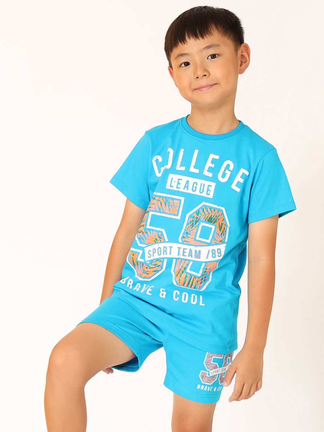 

BONKIDS Boys Printed Pure Cotton T-shirt With Shorts, Turquoise blue