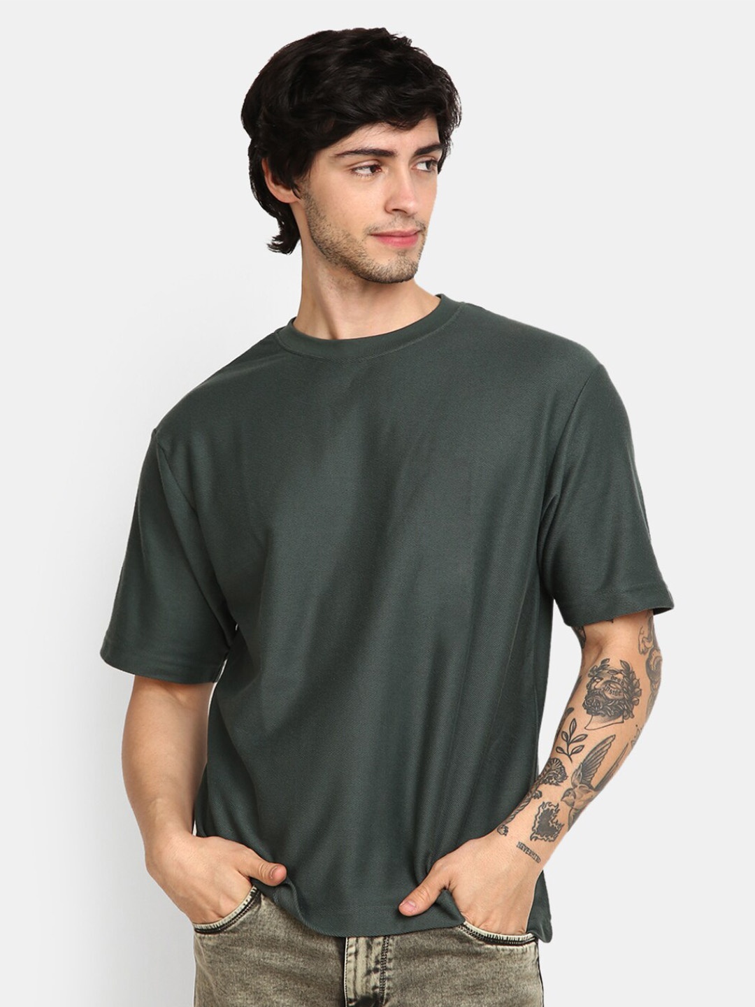 

V-Mart Round Neck Boxy Fit Cotton T-shirt, Green