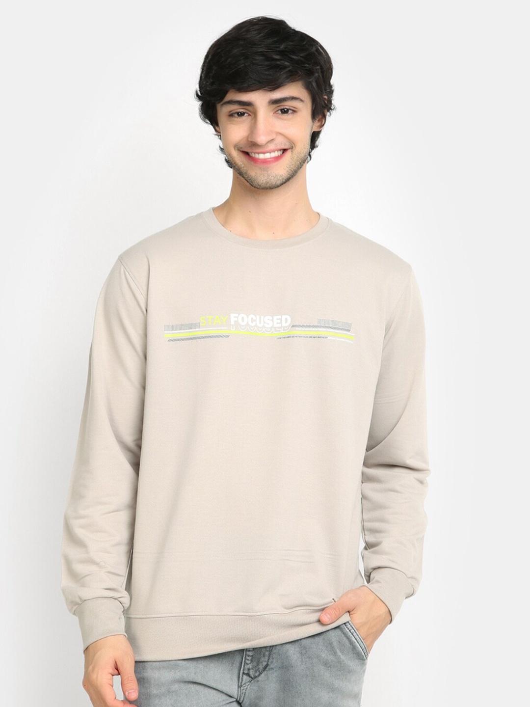 

V-Mart Typography Printed Round Neck Long Sleeve Cotton Pullover Sweatshirt, Grey