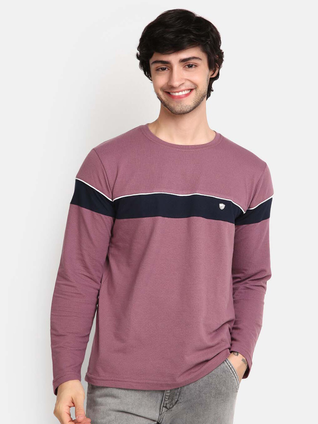 

V-Mart Men Colourblocked Slim Fit Round Neck Cotton T-shirt, Mauve