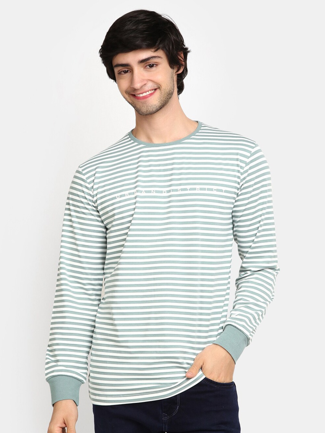 

V-Mart Striped Round Neck Long Sleeve Cotton Regular T-shirt, Green