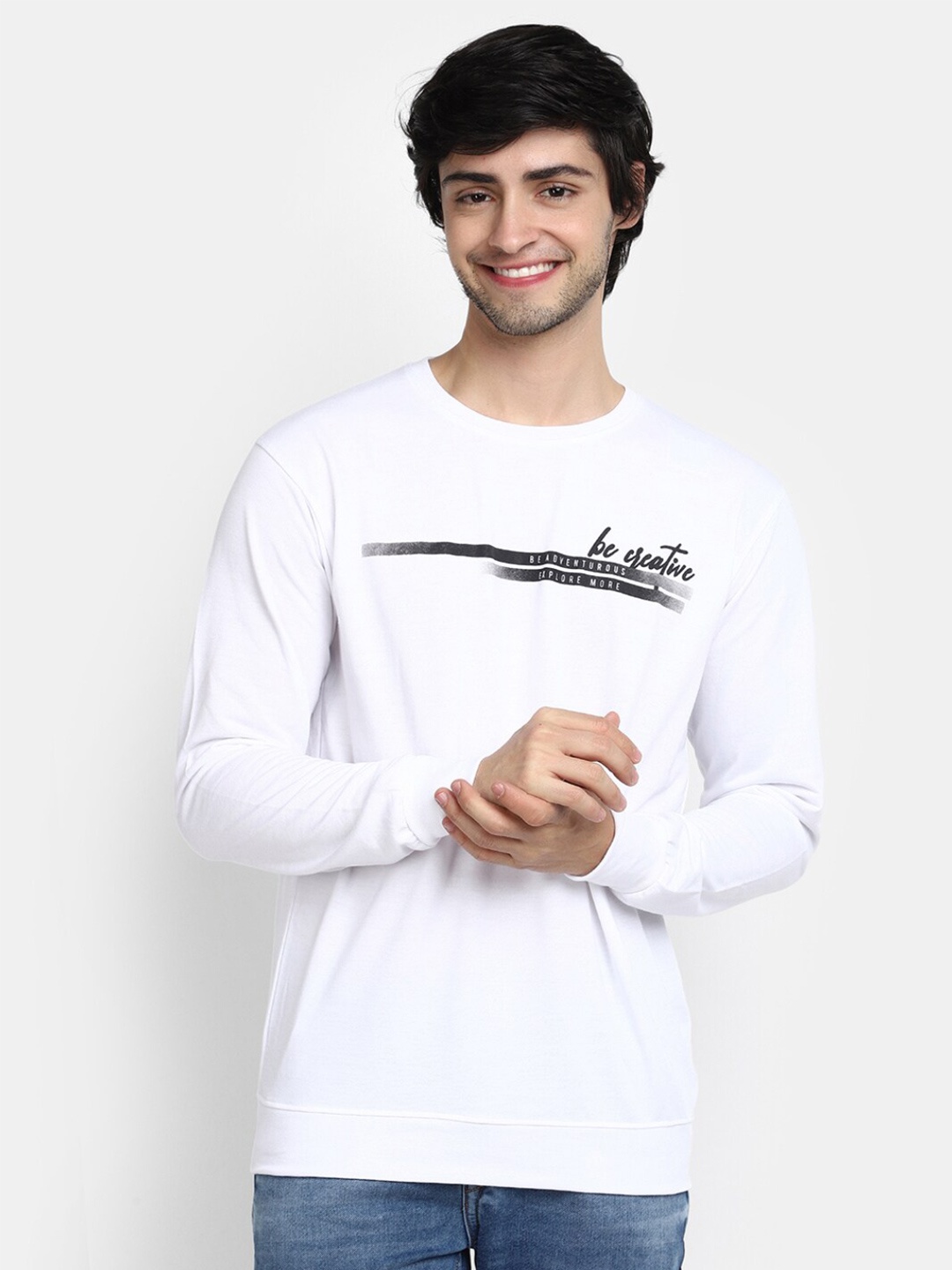 

V-Mart Typography Printed Round Neck Long Sleeve Cotton Pullover Sweatshirt, White