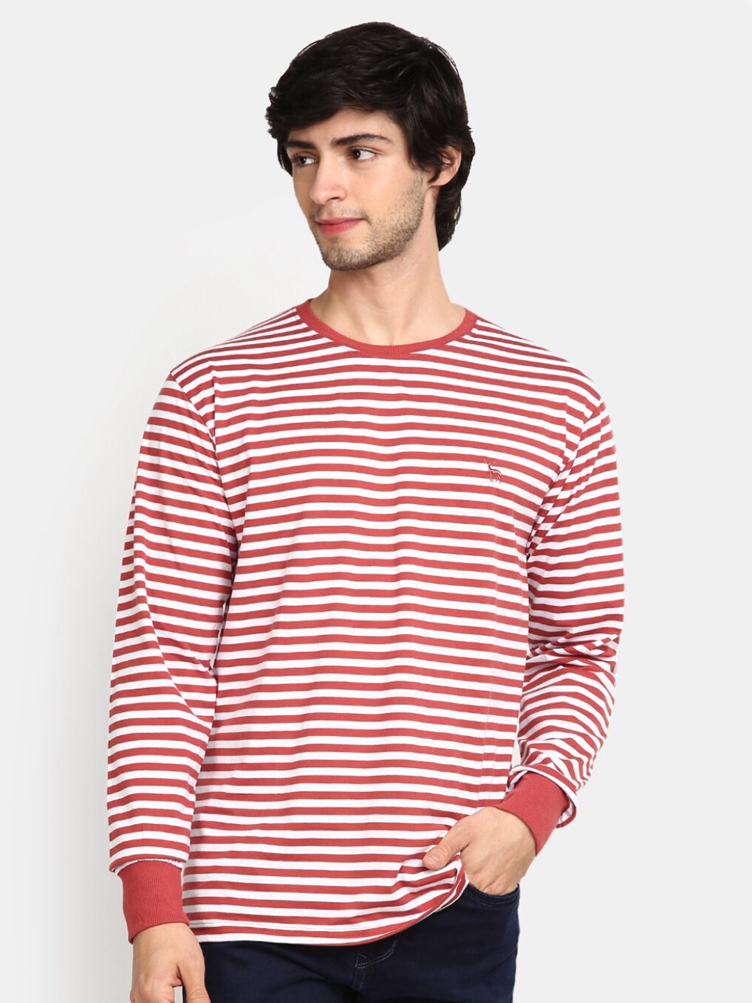 

V-Mart Striped Round Neck Cotton Casual T-shirt, Rust