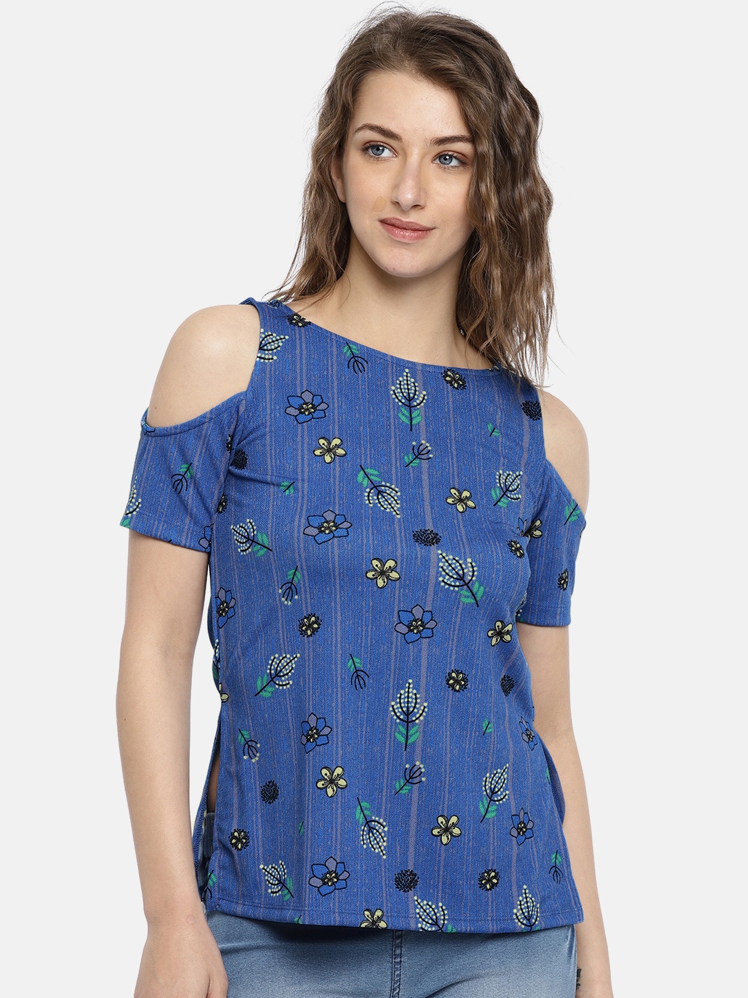 

Global Desi Women Blue Floral Printed Cold-shoulder Top