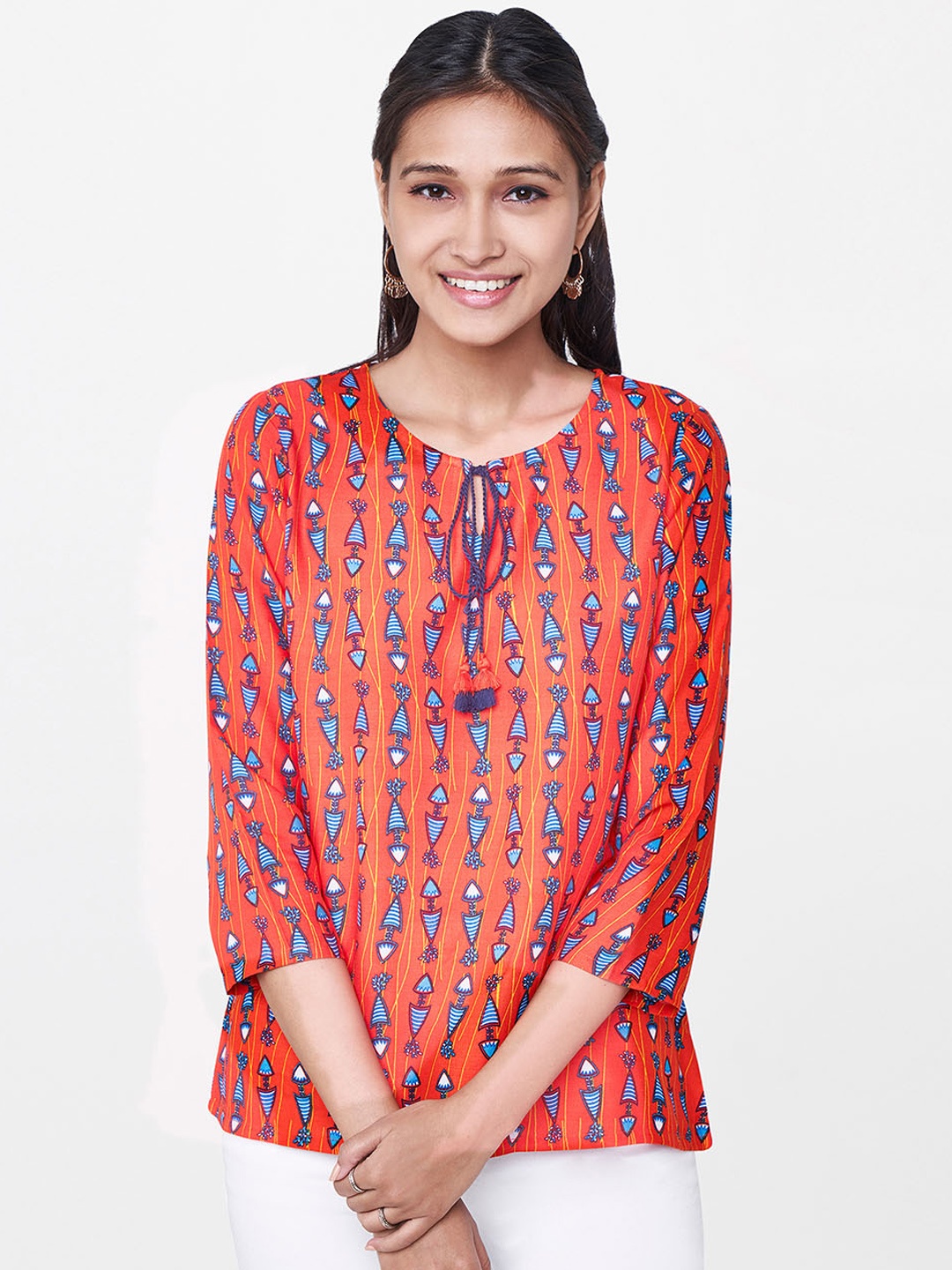 

Global Desi Women Orange Printed Top