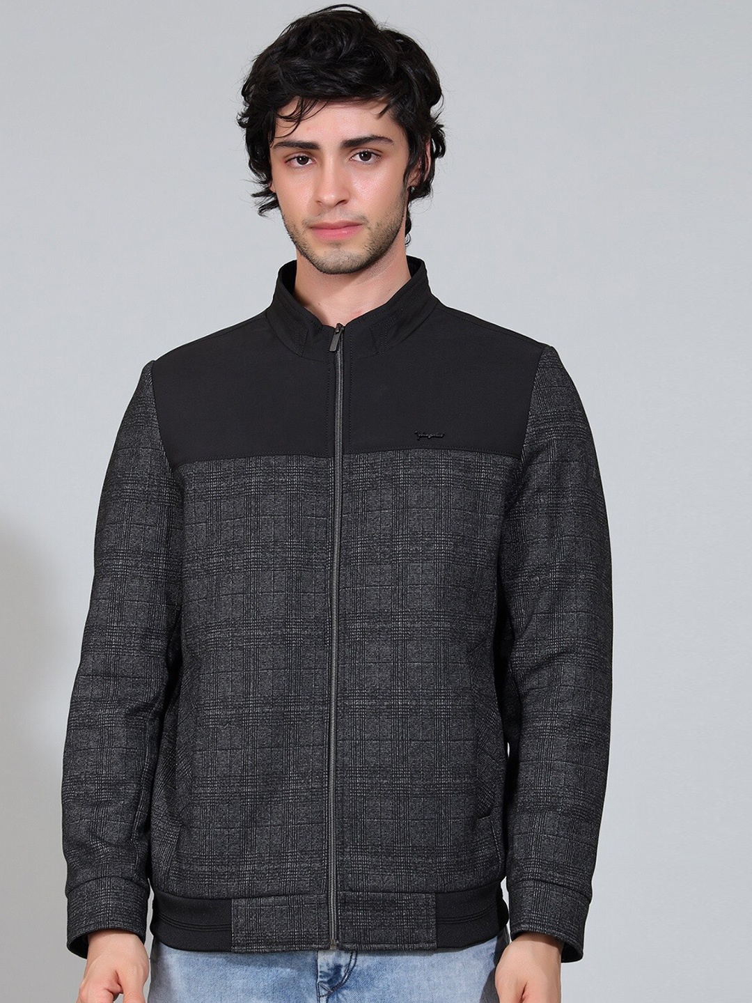 

YOUNG CLUB CLASSIC Men Black Floral Colourblocked Woollen Lightweight Crop Biker Jacket