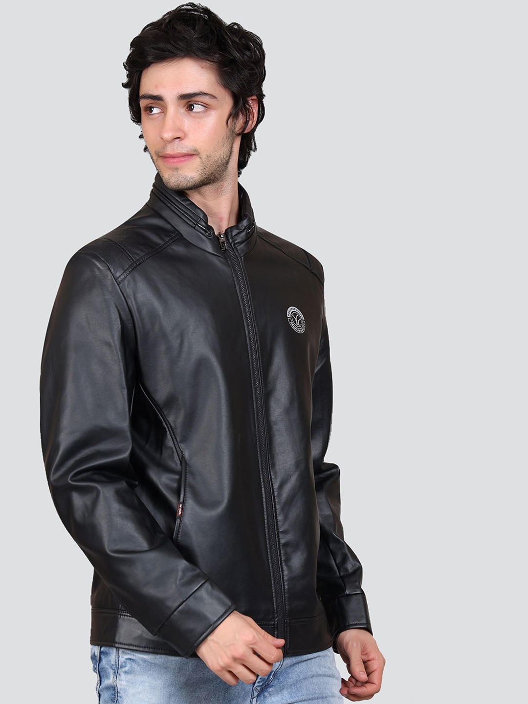 

YOUNG CLUB CLASSIC Men Black Floral Leather Lightweight Biker Jacket