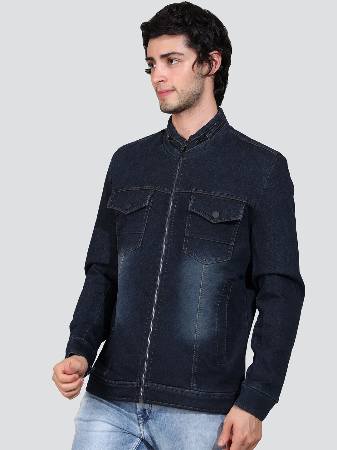 

YOUNG CLUB CLASSIC Washed Mock Collar Lightweight Denim Jacket, Blue