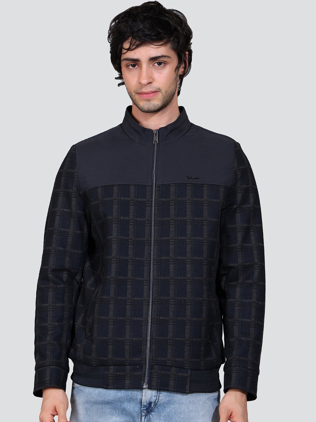 

YOUNG CLUB CLASSIC Checked Lightweight Mock Collar Woolen Bomber Jacket, Black