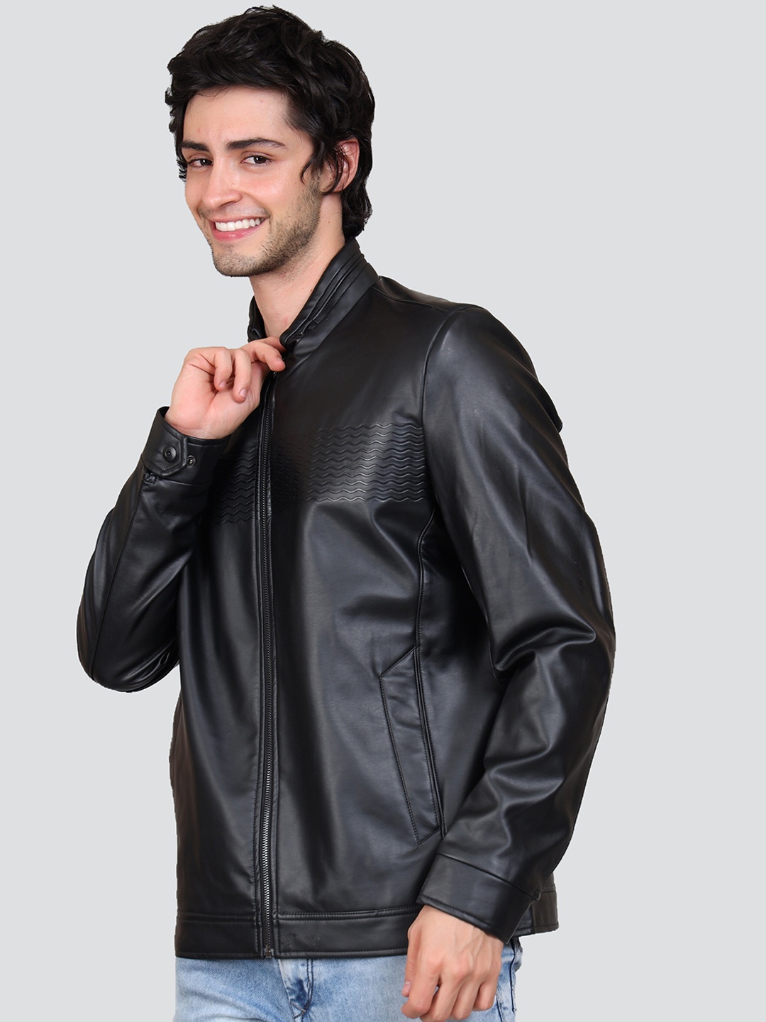 

YOUNG CLUB CLASSIC Lightweight Mock Collar Leather Biker Jacket, Black