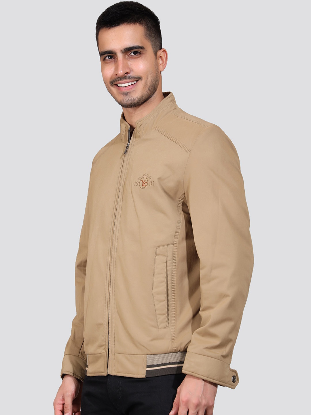 

YOUNG CLUB CLASSIC Stand Collar Cotton Lightweight Bomber Jacket, Beige