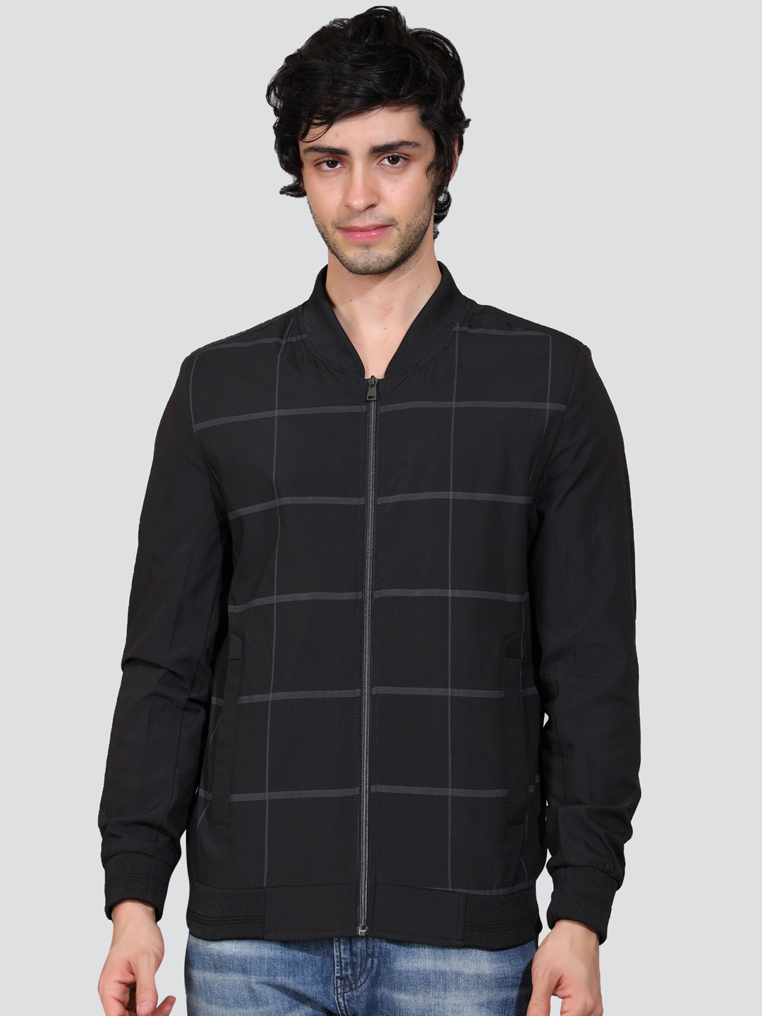 

YOUNG CLUB CLASSIC Checked Mock Collar Lightweight Bomber Jacket, Black