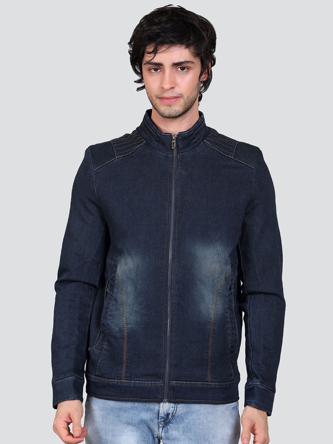 YOUNG CLUB CLASSIC Washed Mock Collar Lightweight Denim Jacket, Blue