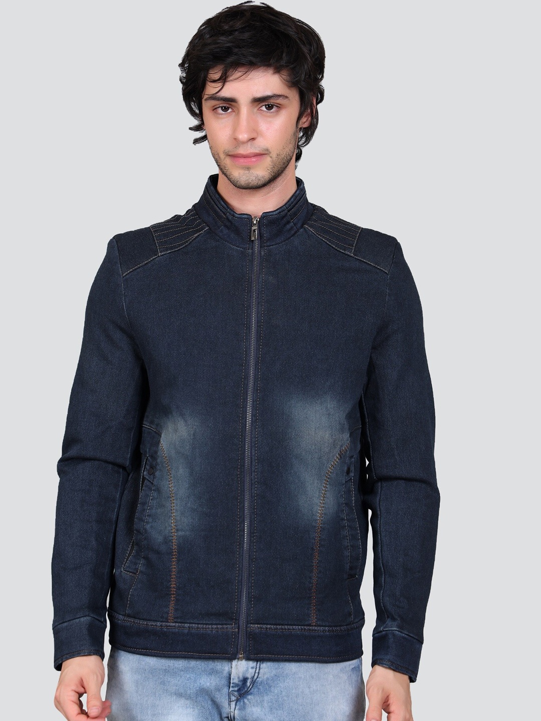 

YOUNG CLUB CLASSIC Washed Mock Collar Lightweight Denim Jacket, Blue