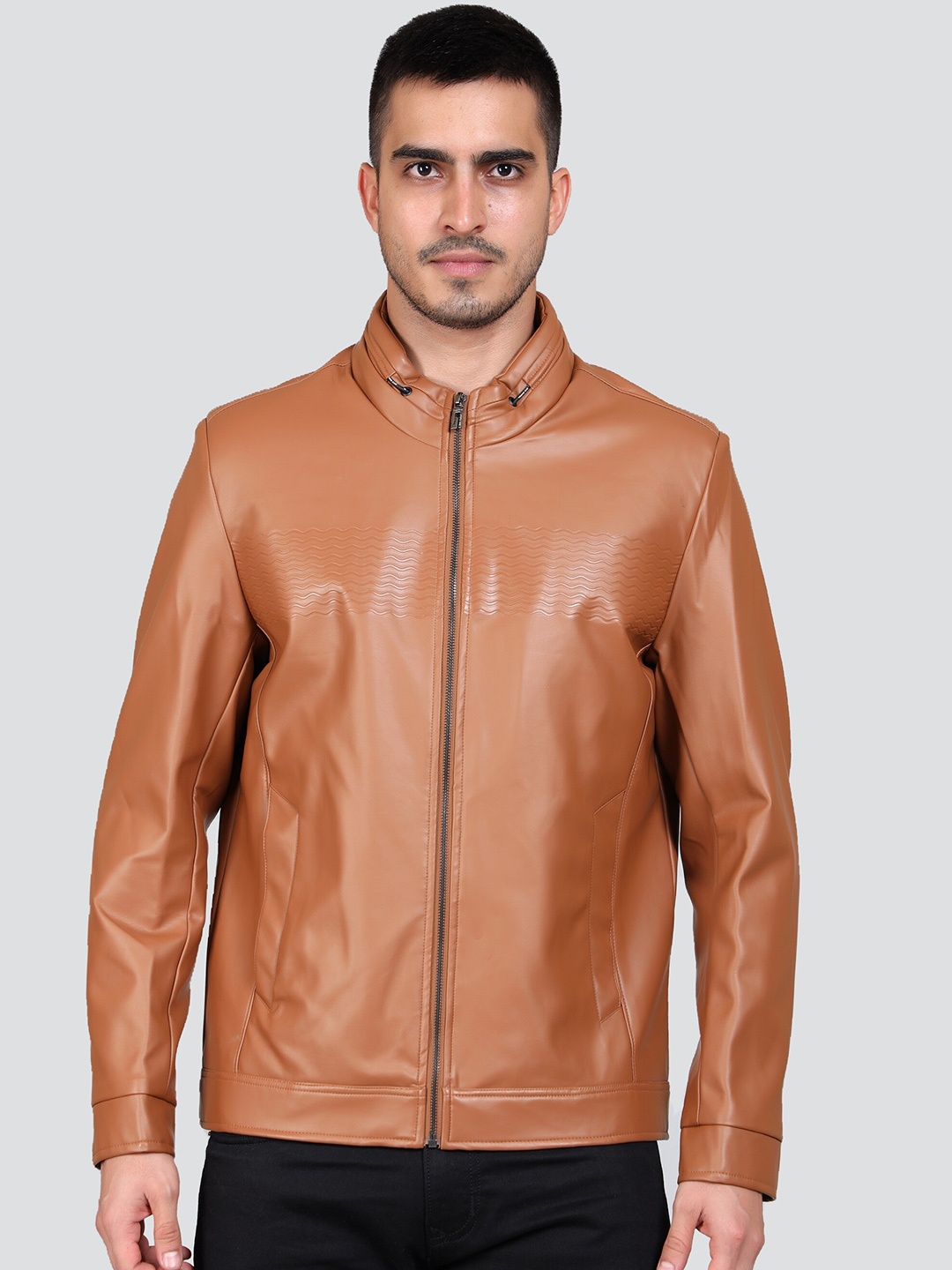 

YOUNG CLUB CLASSIC Men Tan Leather Lightweight Crop Bomber with Embroidered Jacket