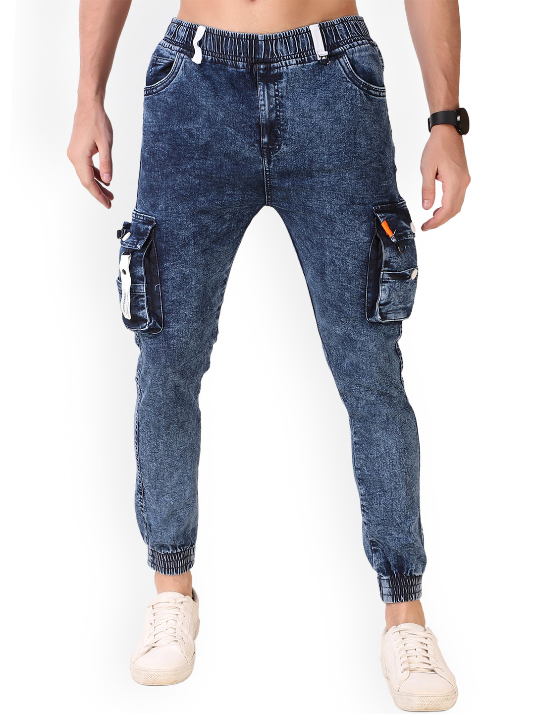 

PLUS 91 Men Mid-Rise Smart Cotton Denim Joggers, Blue