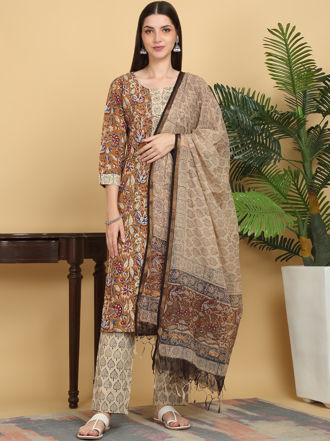 

KALINI Ethnic Motifs Printed Notched Neck Pure Cotton Kurta with Trousers & Dupatta, Bronze