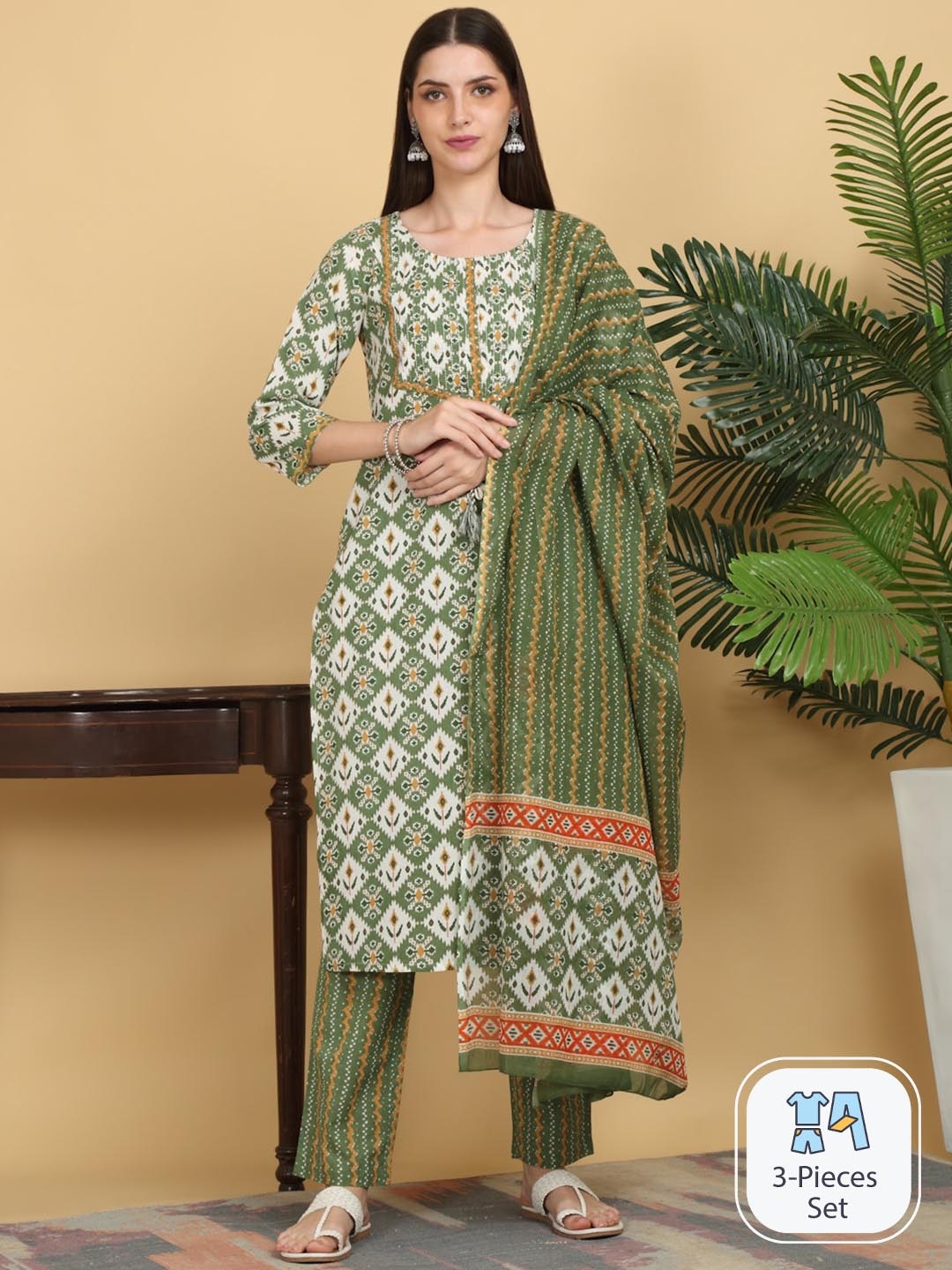 KALINI Ethnic Motifs Printed Pure Cotton Straight Kurta with Trousers & Dupatta, Green