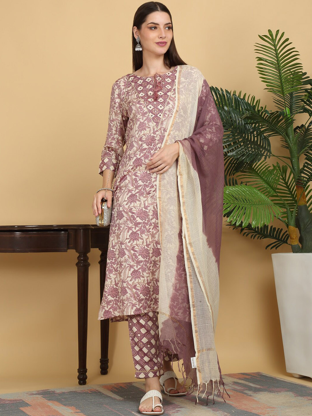 

KALINI Floral Printed Tie-Up Neck Gotta Patti Pure Cotton Kurta with Trousers & Dupatta, Mauve
