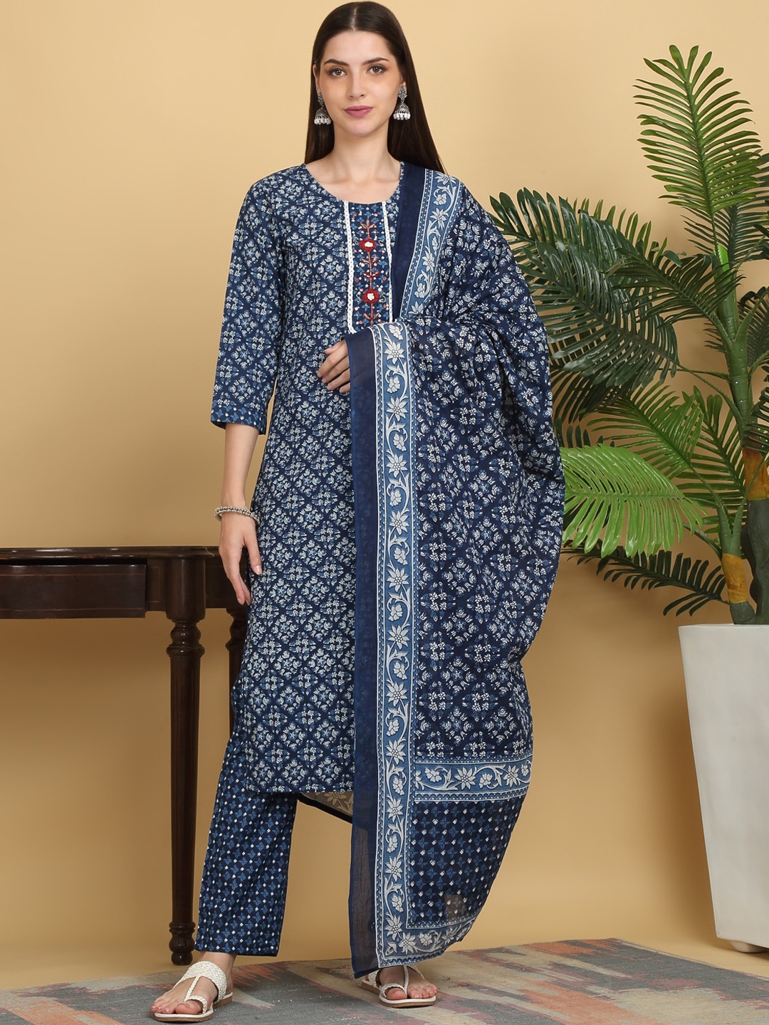 

KALINI Ethnic Motifs Printed Pure Cotton Straight Kurta & Trousers With Dupatta, Blue