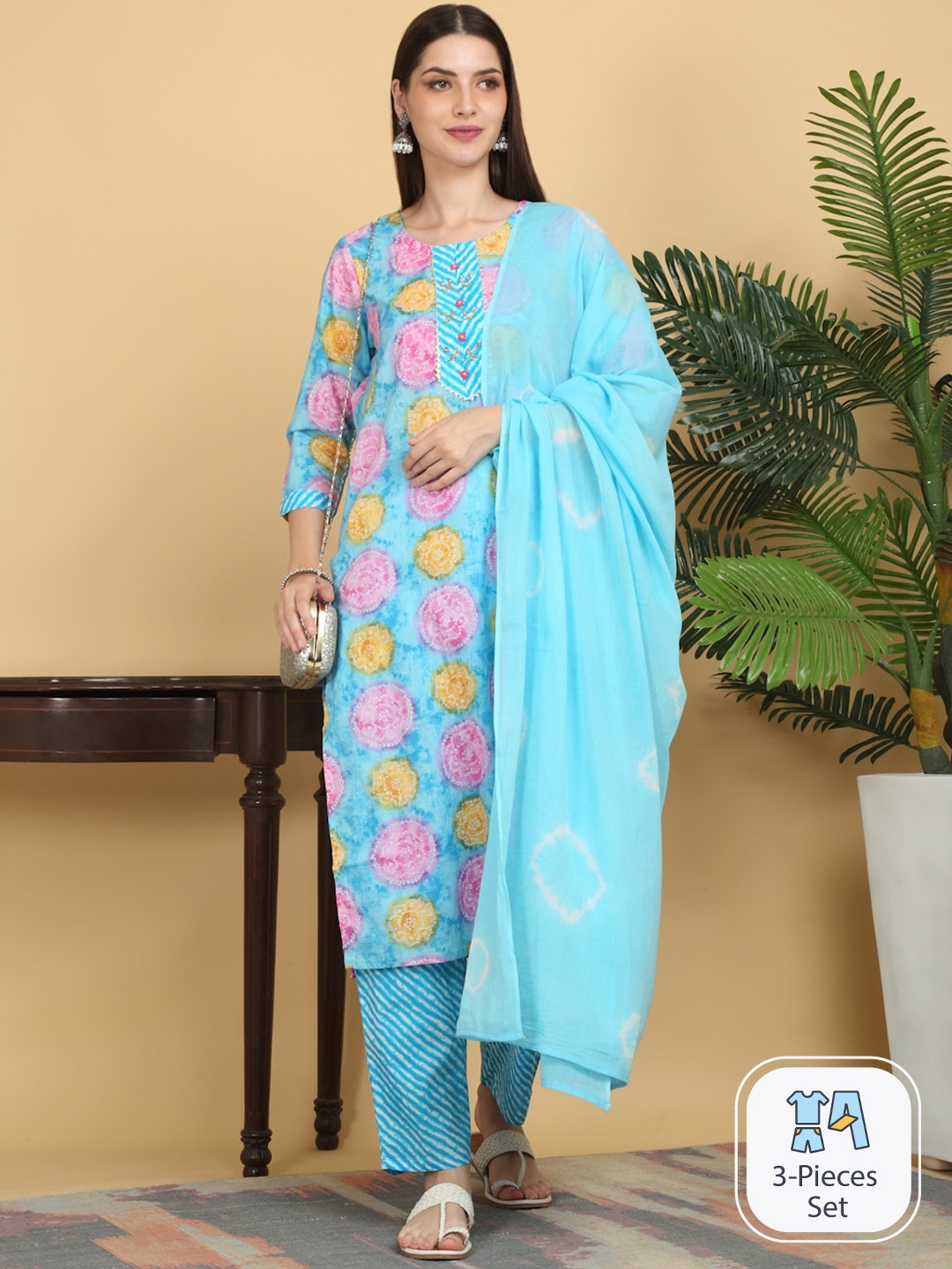 

KALINI Bandhani Printed Round Neck Gotta Patti Pure Cotton Kurta with Trousers & Dupatta, Blue