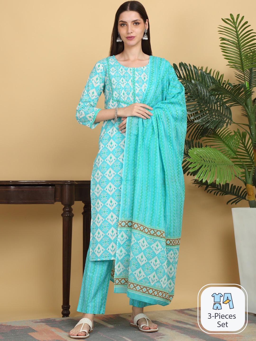 

KALINI Geometric Printed Thread Work Pure Cotton Straight Kurta & Trousers With Dupatta, Turquoise blue