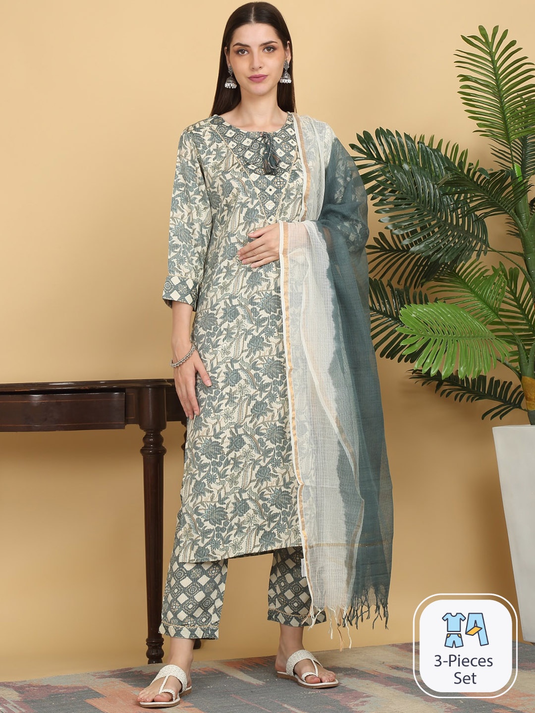 

KALINI Floral Printed Regular Pure Cotton Kurta with Trousers & With Dupatta, Grey