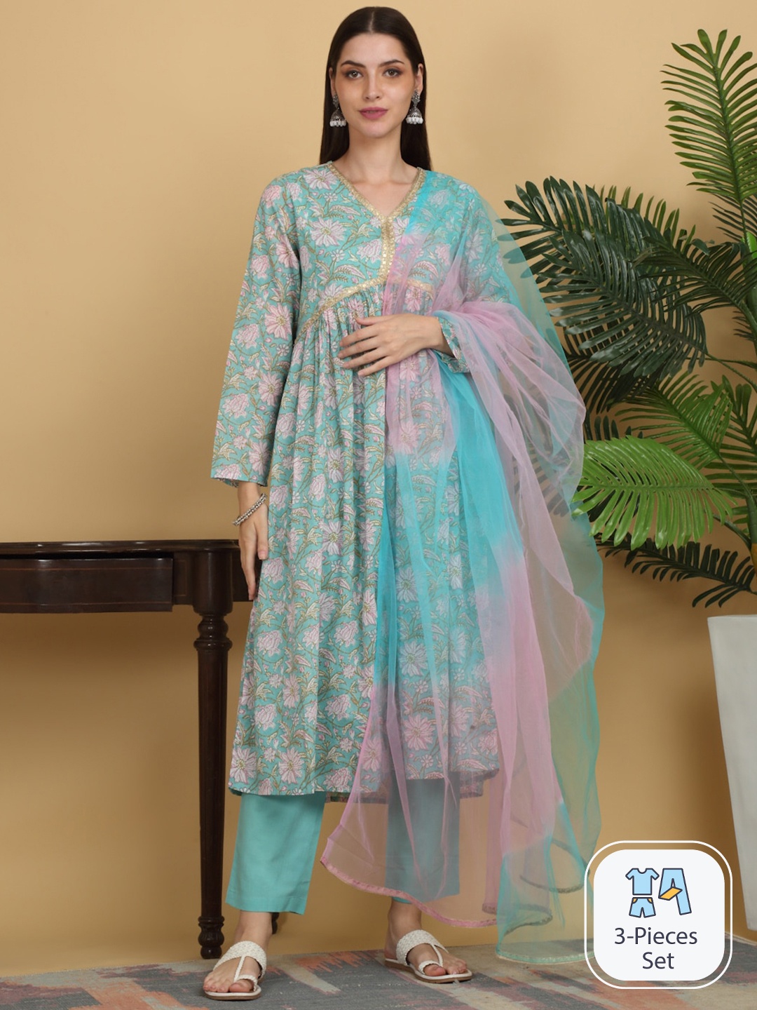 

KALINI Floral Printed Empire Gotta Patti Pure Cotton A-Line Kurta & Trousers With Dupatta, Turquoise blue