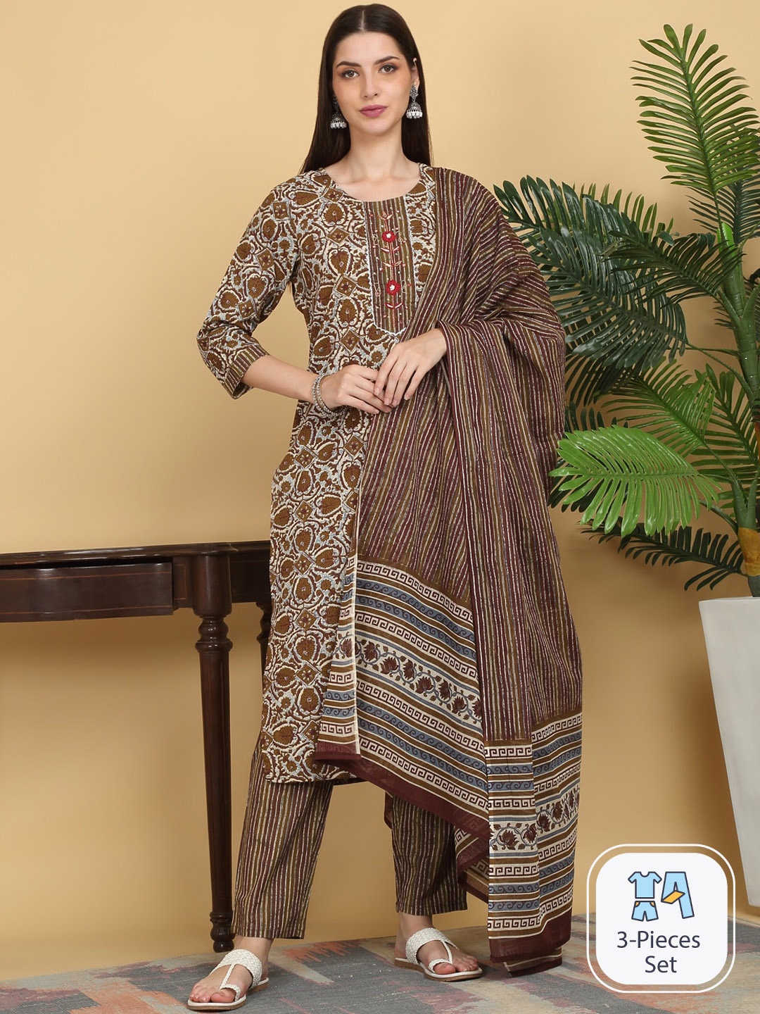 

KALINI Ethnic Motifs Printed Pure Cotton Straight Kurta & Trousers With Dupatta, Brown