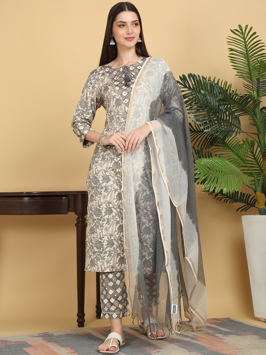 

KALINI Ethnic Motifs Printed Neck Mirror Work Pure Cotton Kurta with Trousers & Dupatta, Grey