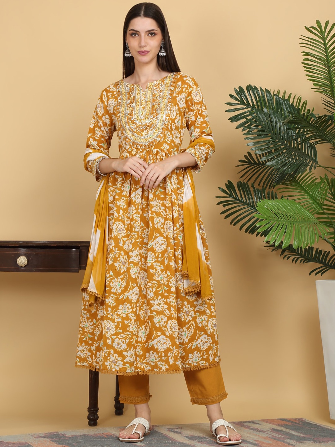 

KALINI Floral Embroidered Mirror Work Pure Cotton Kurta with Trousers & With Dupatta, Yellow