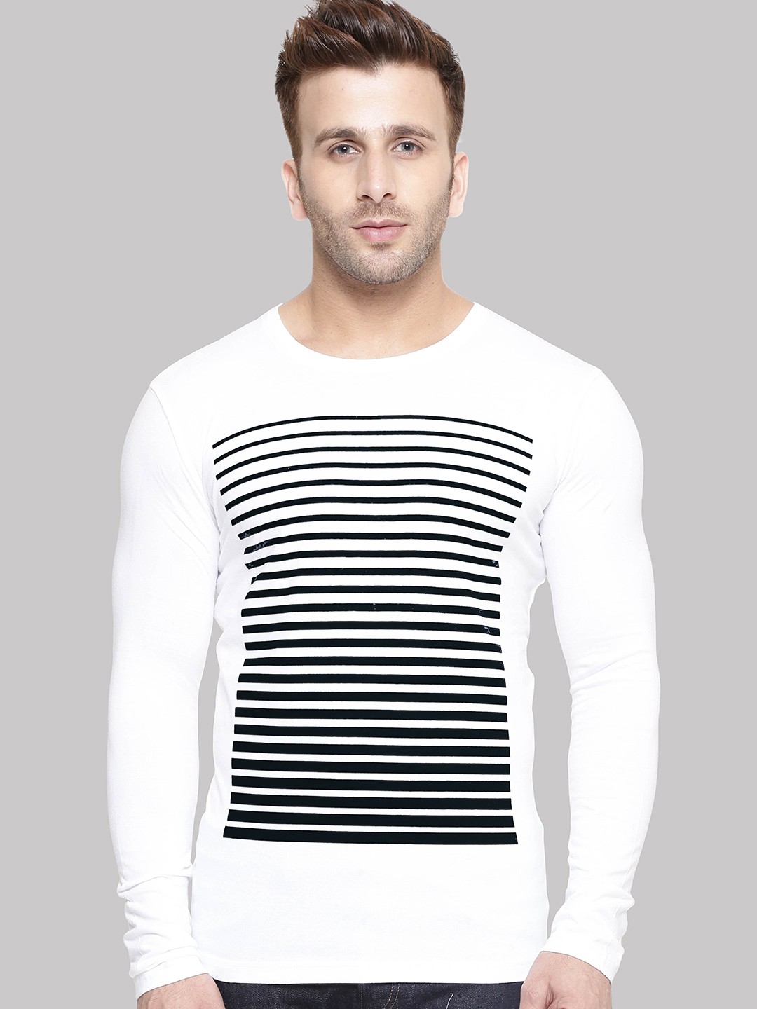 

AUSK Striped Printed Round Neck Long Sleeve Cotton T-Shirt, White