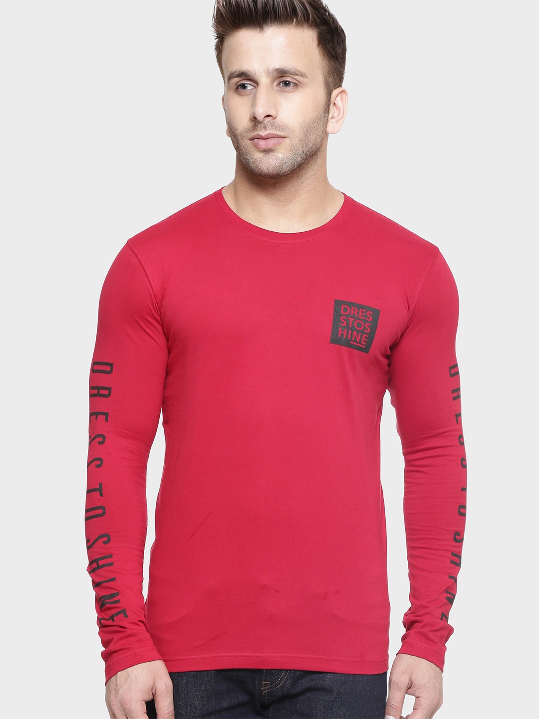 

AUSK Typography Printed Round Neck Long Sleeve Cotton T-Shirt, Red
