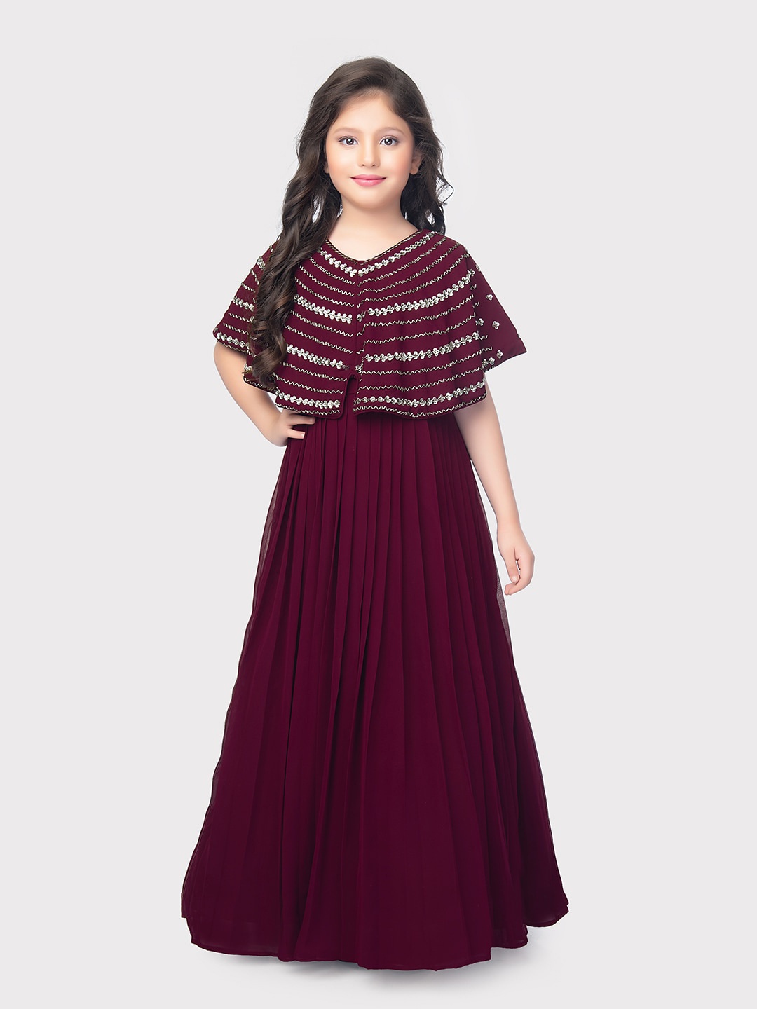 

Tiny Kingdom Girls Embellished Cape Sleeve Georgette Maxi Dress, Burgundy